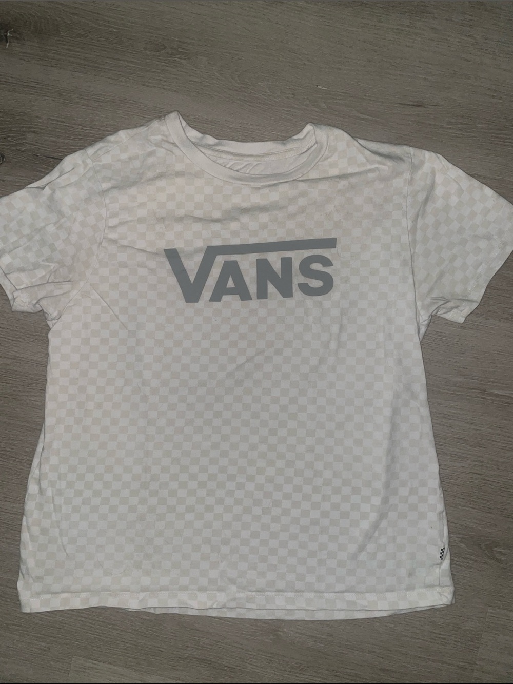 Vans White Tee with Gray Logo and Checkerboard Print